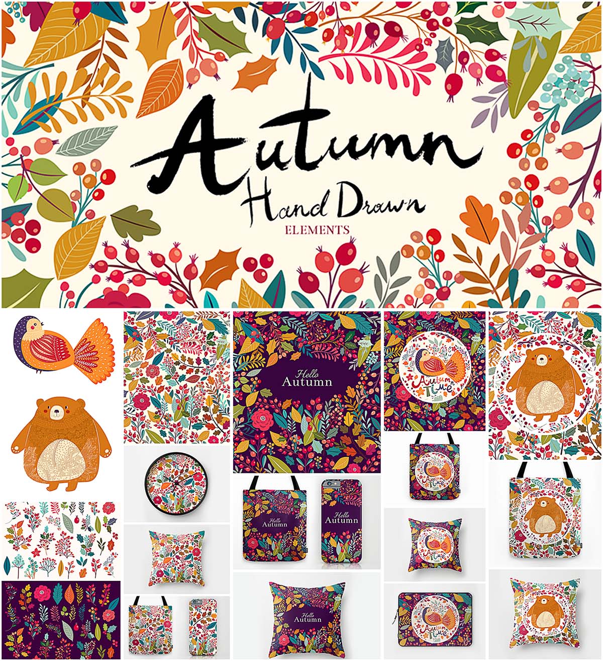 Cute autumn illustrations and pattern