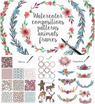Watercolor patterns and frames bundle