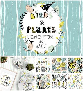 Cute birds and plants illustrations and patterns