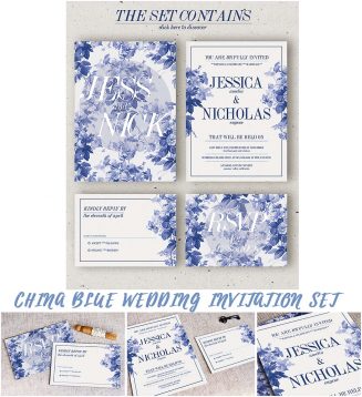 Floral china blue wedding invitation set