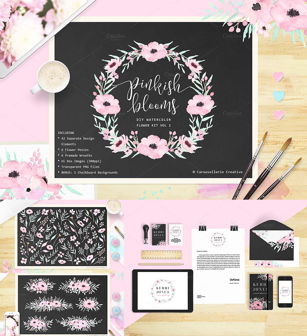 Pink bloom watercolor clipart and textures set