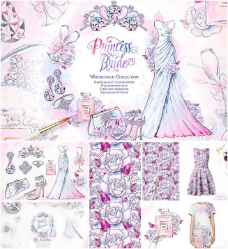 Princess Bride wedding illustrations set