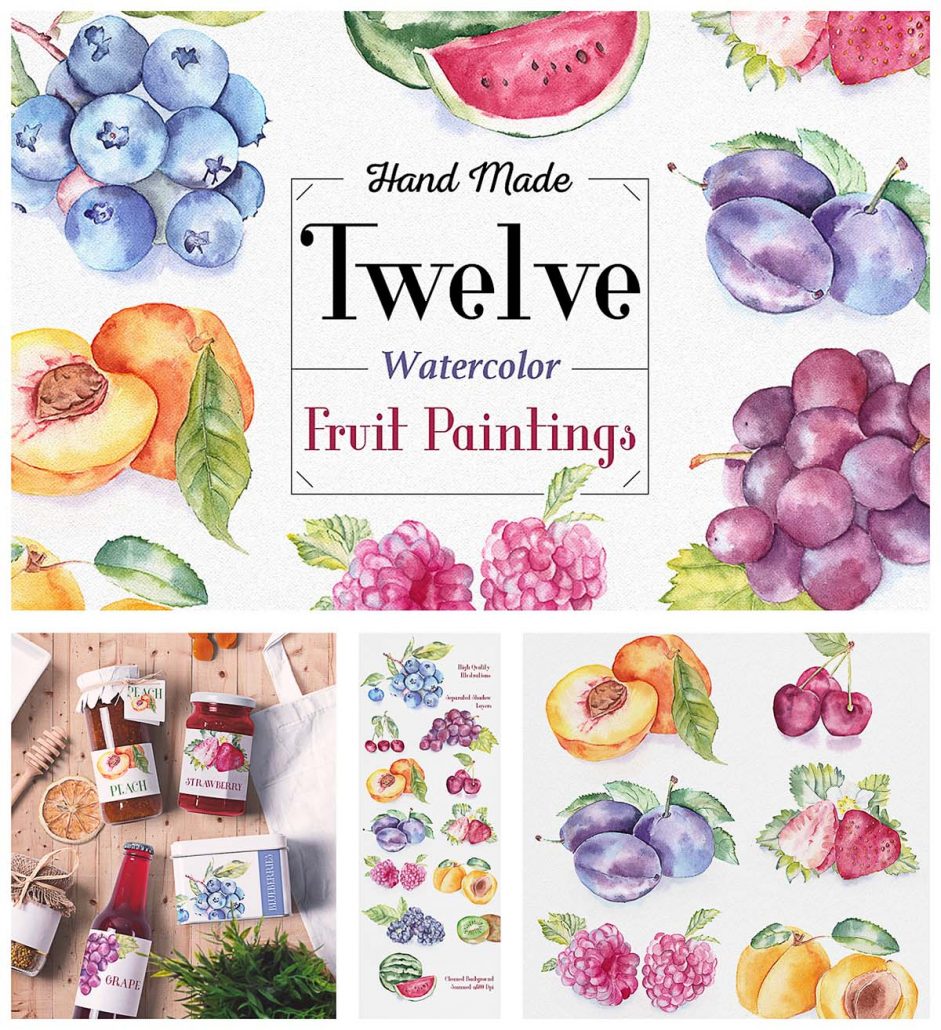 Fruit watercolor illustrations set Free download