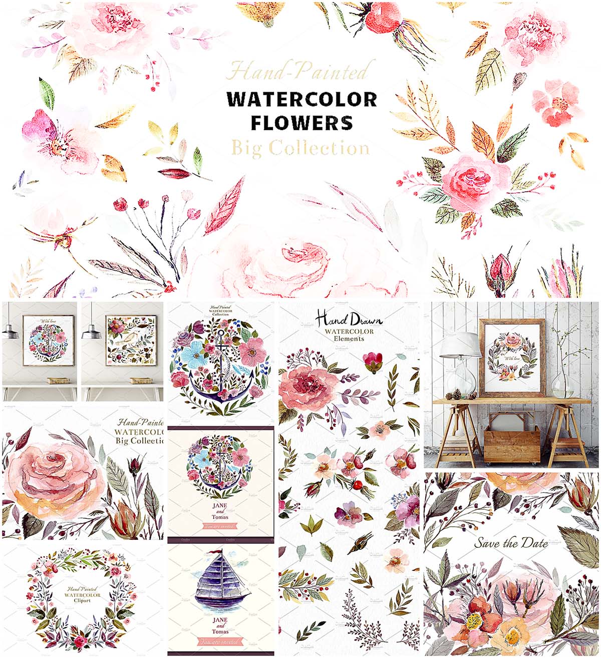 Huge watercolor floral illustrations collection