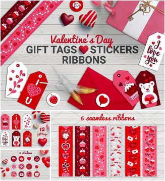 Valentine's Day stickers tags and ribbons set