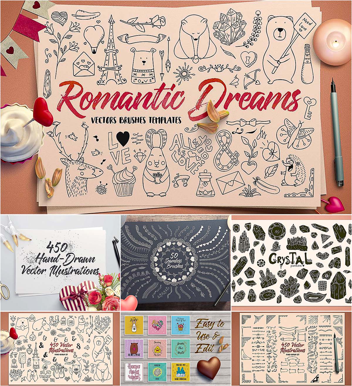 Romantic elements brushes and cards set