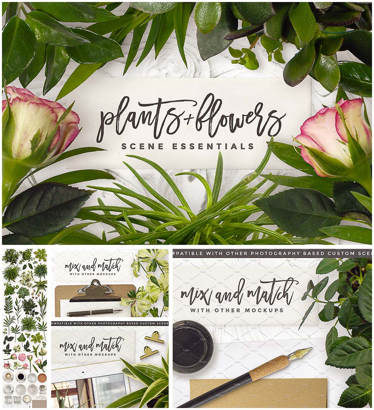 Essential flowers and plants mockup set