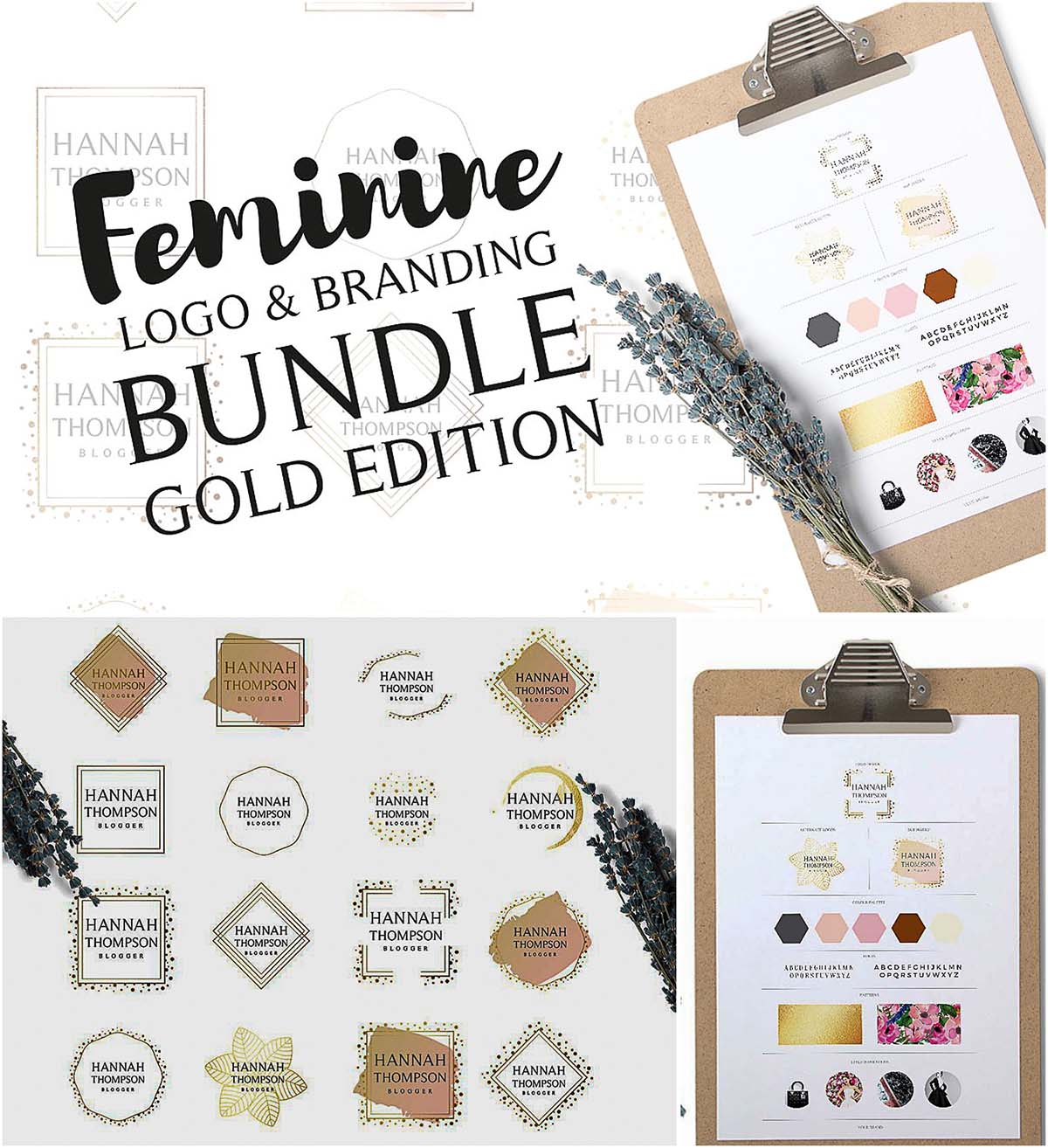 Feminine logo branding gold set