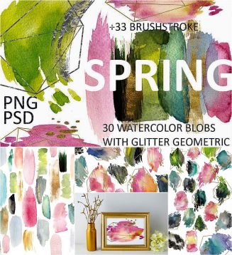 Spring watercolor blobs and geometric brushstrokes