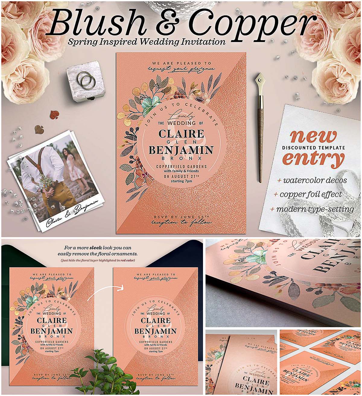 Blush copper wedding invite