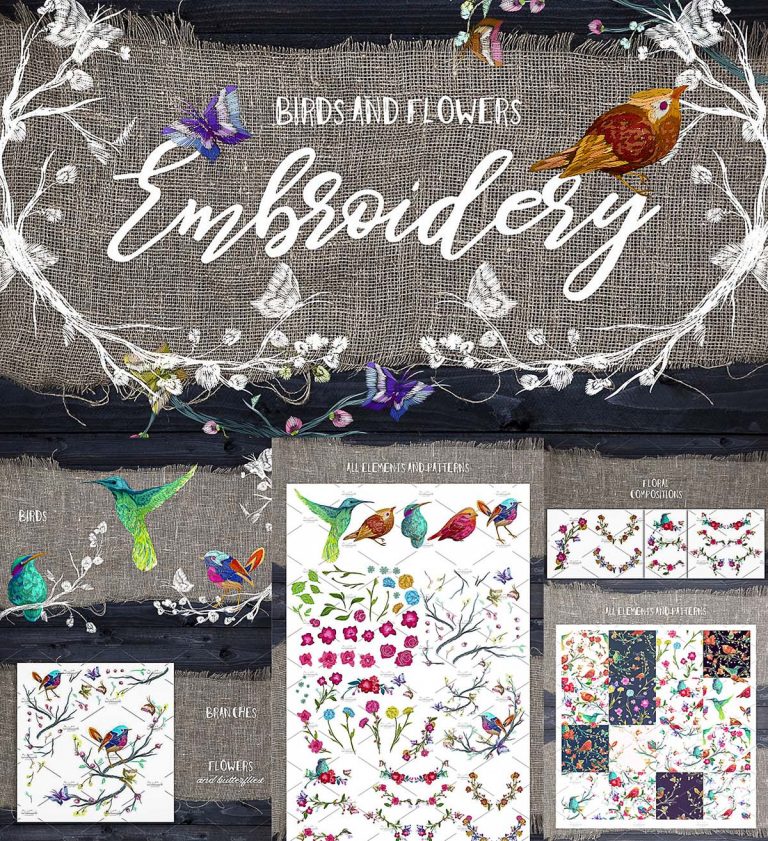 Embroidery flowers and birds Free download