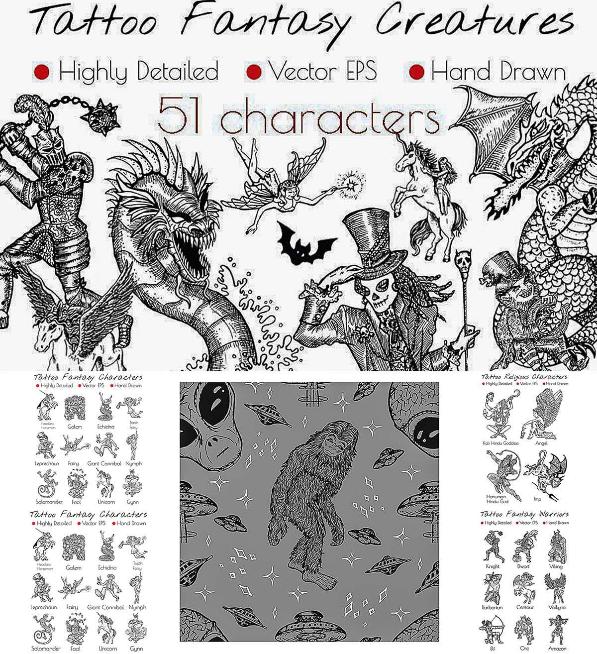 Tattoo fantasy characters vector