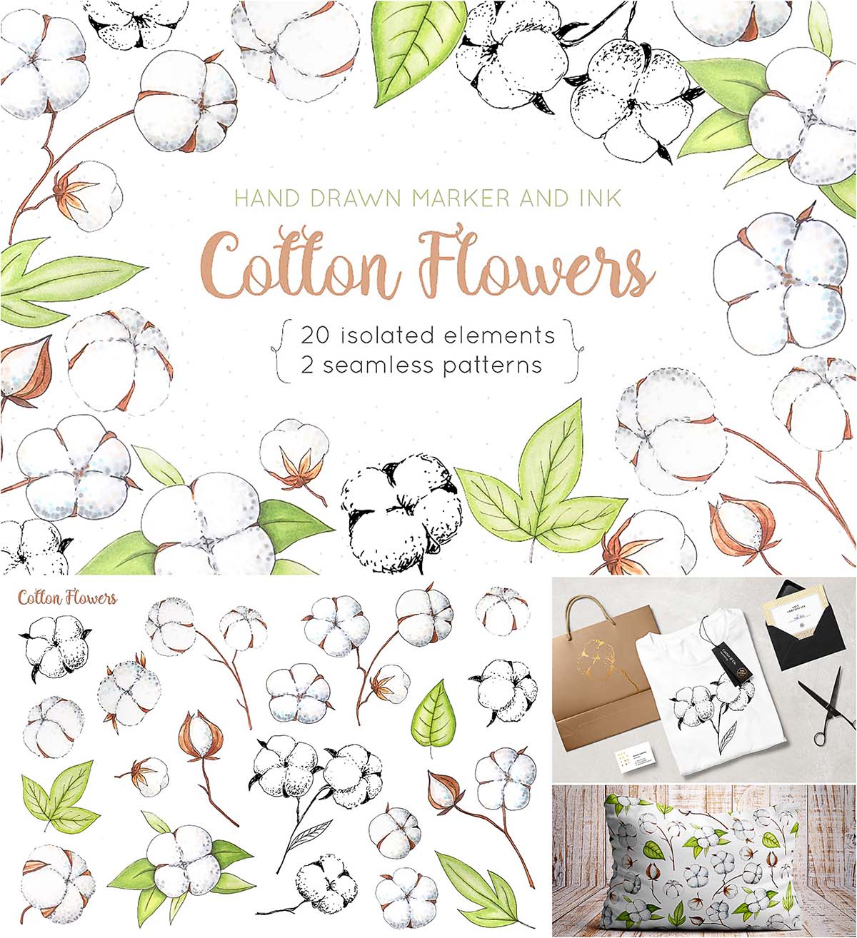 Cotton flowers illustrations and patterns set