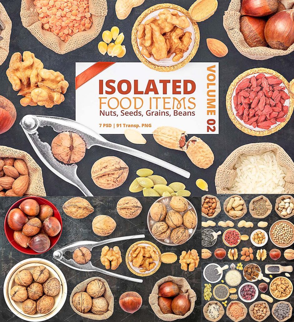 Isolated food items nuts beans seeds | Free download