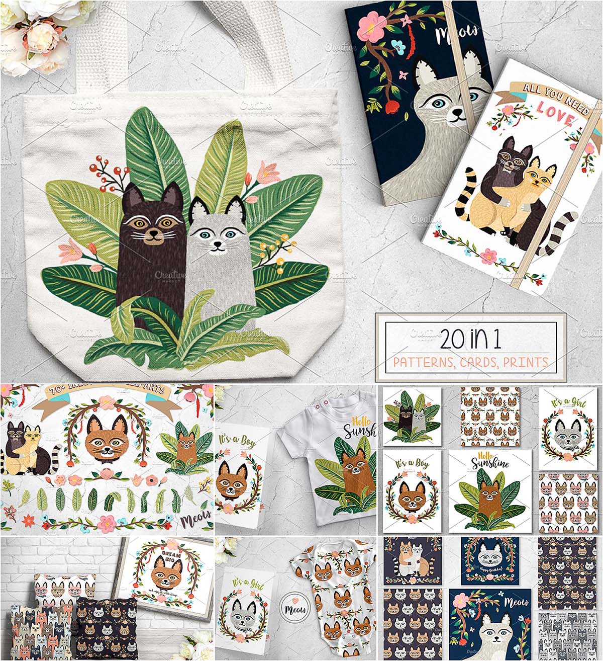 Cute cat prints set