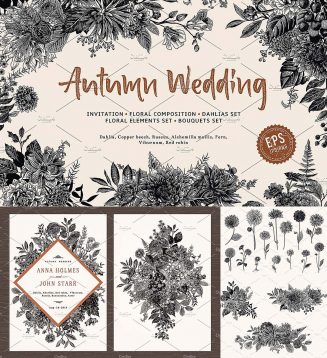 Autumn floral wedding invitations set