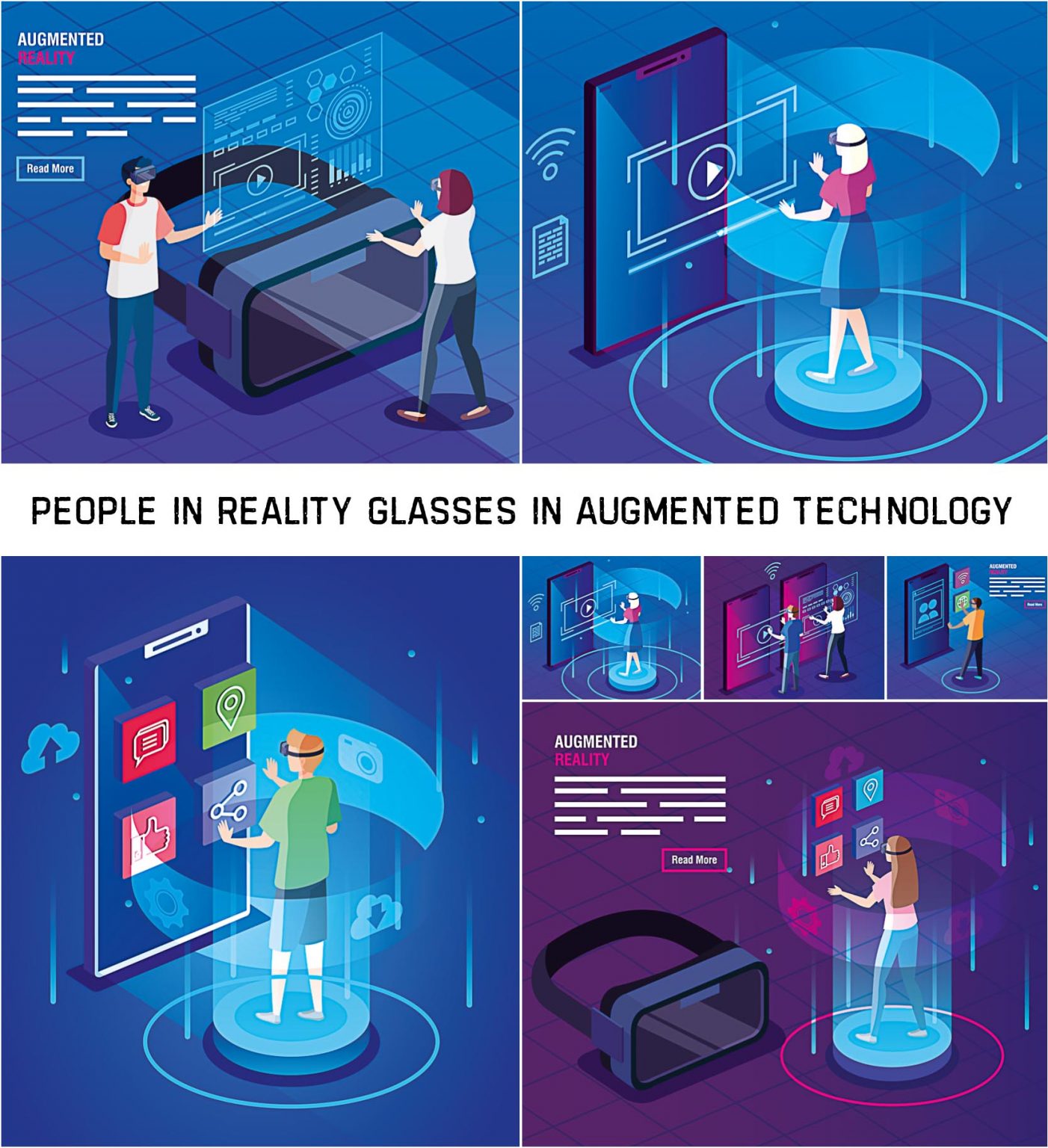 Download Se of 9 vector images of people with glasses of reality augmented technology in flat style ...