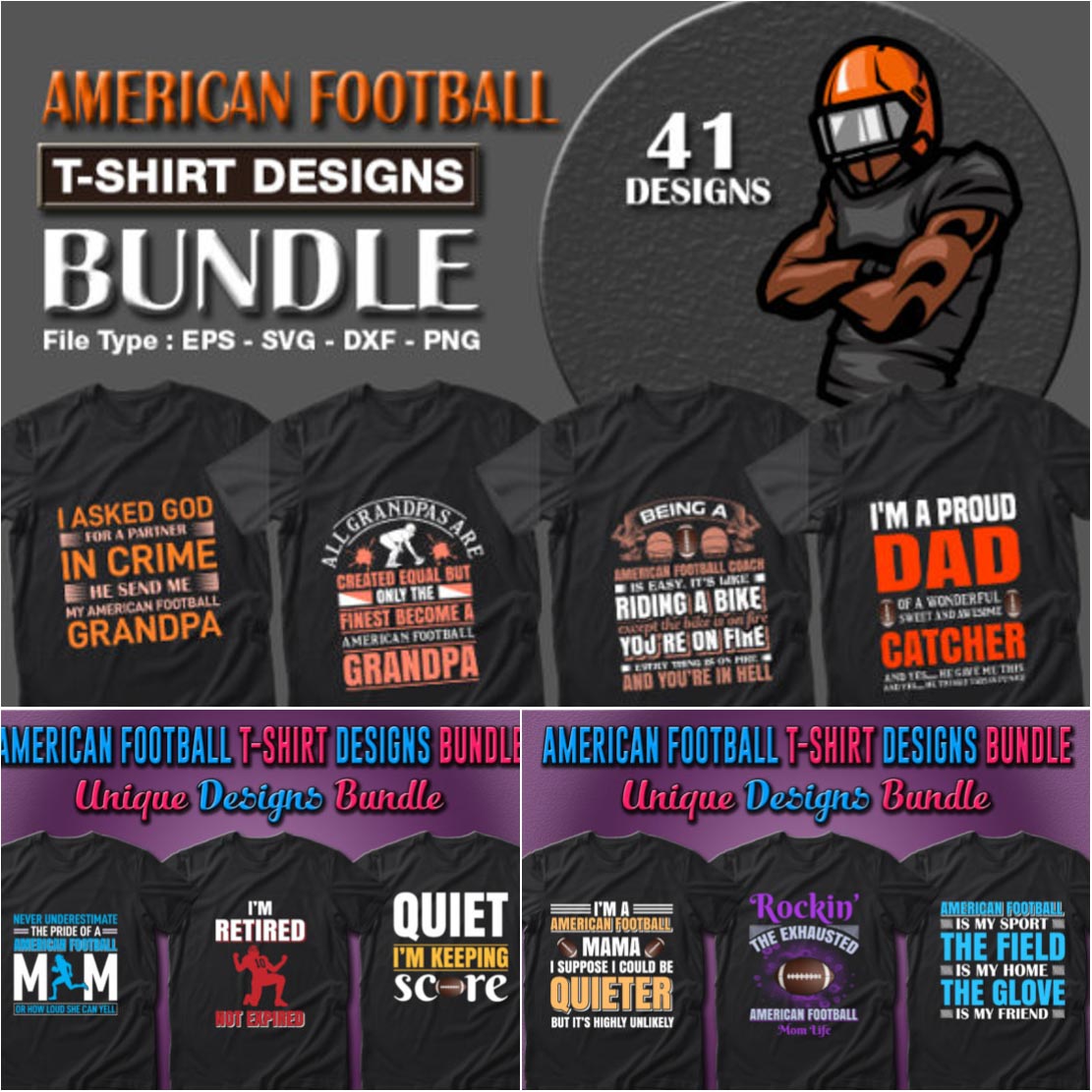 Set of 41 American Football T-shirt Designs. You can make awesome T