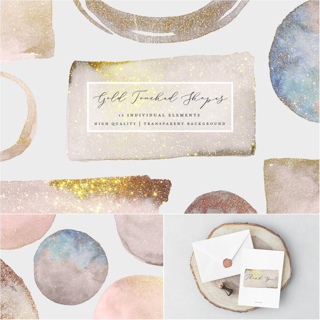 Abstract Watercolor Gold and Glitter Texture Shapes PNG Clip Art Commercial Use Premade Compositions and Backgrounds